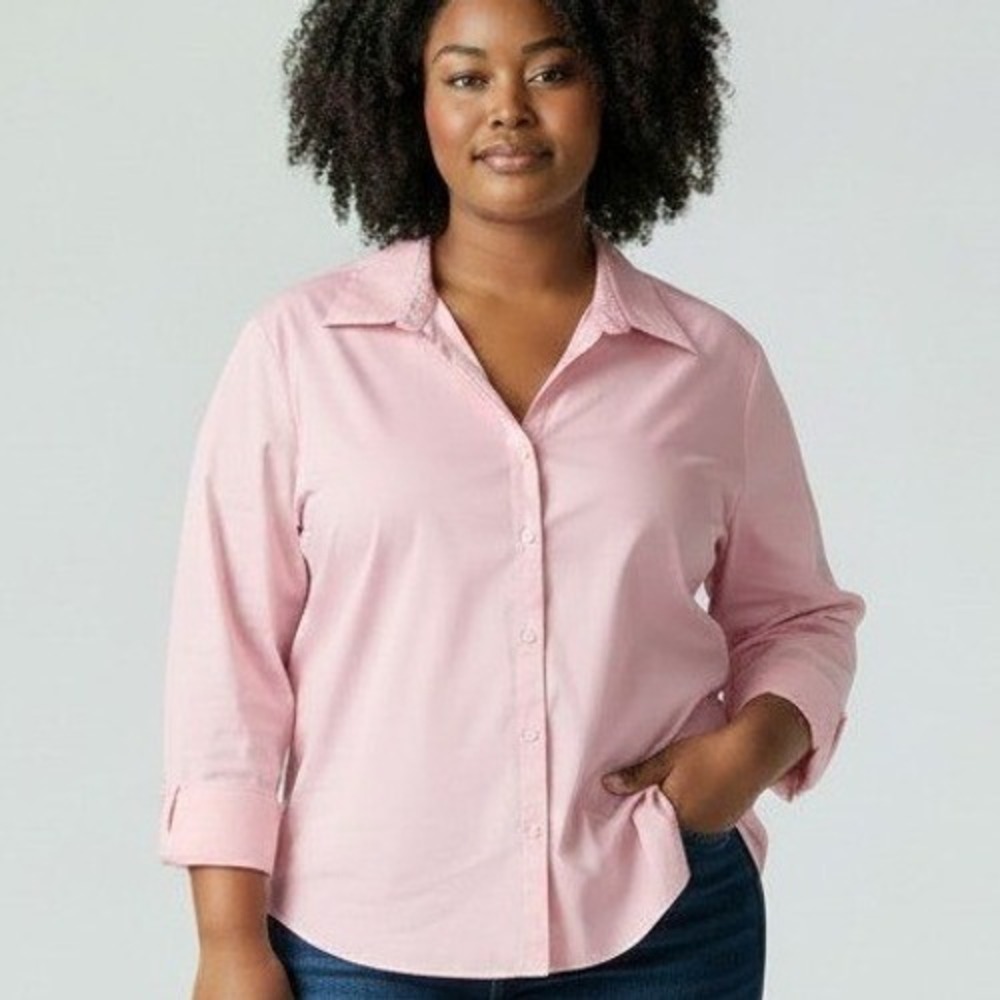 Lane Bryant Womens 26/28 Pink Button Down Shirt Long Sleeve French Cuff Stretch